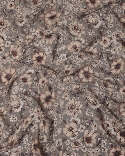 Light Brown Viscose Digital Printed Fabric with Vintage Floral Design, 110 cm Width-D21303