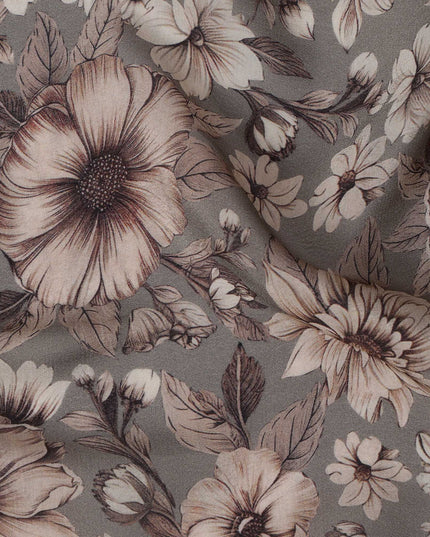 Light Brown Viscose Digital Printed Fabric with Vintage Floral Design, 110 cm Width-D21303