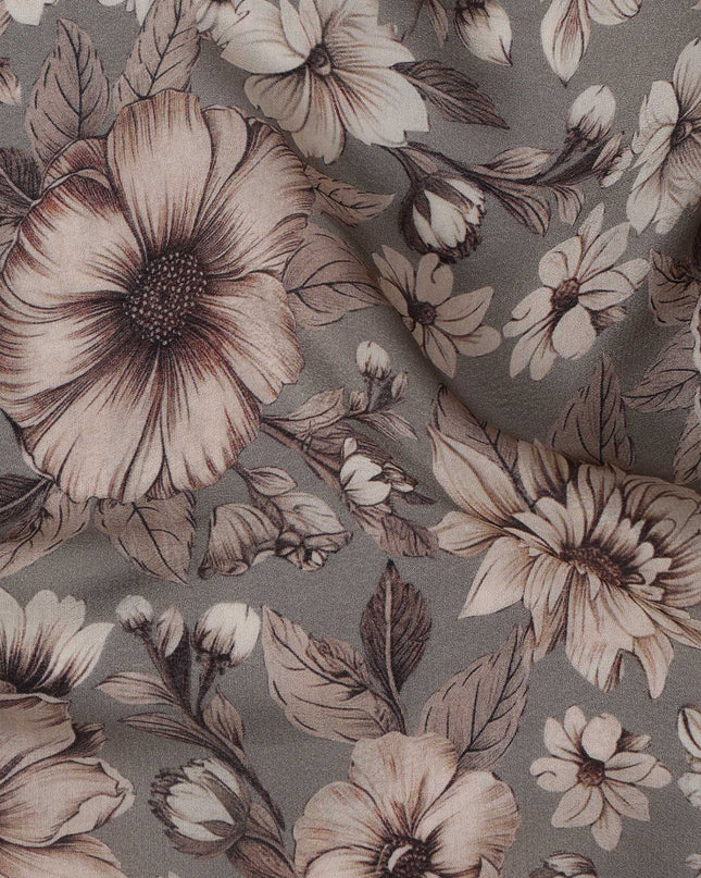 Light Brown Viscose Digital Printed Fabric with Vintage Floral Design, 110 cm Width-D21303