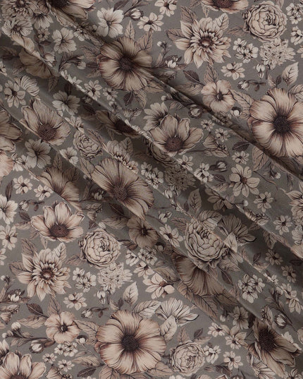 Light Brown Viscose Digital Printed Fabric with Vintage Floral Design, 110 cm Width-D21303