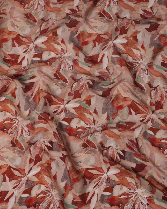 Terracotta Beige Viscose Digital Printed Fabric with Leafy Design, 110 cm Width-D21304