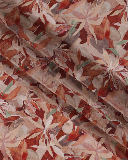 Terracotta Beige Viscose Digital Printed Fabric with Leafy Design, 110 cm Width-D21304