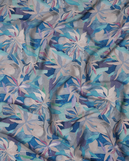 Aqua Blue Viscose Digital Printed Fabric with Abstract Leaf Design, 110 cm Width-D21305