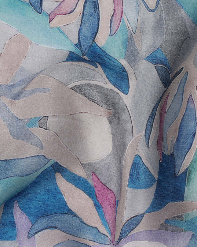 Aqua Blue Viscose Digital Printed Fabric with Abstract Leaf Design, 110 cm Width-D21305