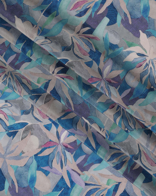 Aqua Blue Viscose Digital Printed Fabric with Abstract Leaf Design, 110 cm Width-D21305