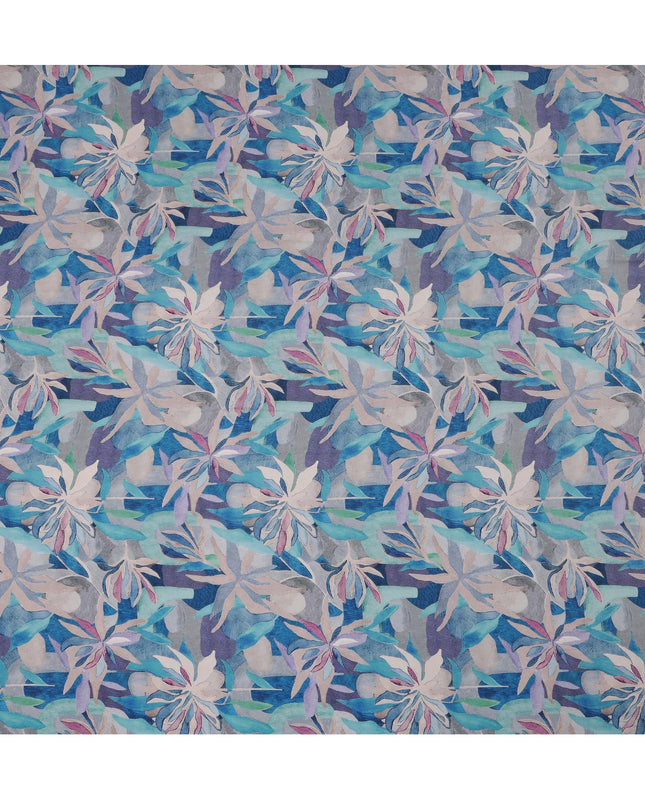 Aqua Blue Viscose Digital Printed Fabric with Abstract Leaf Design, 110 cm Width-D21305