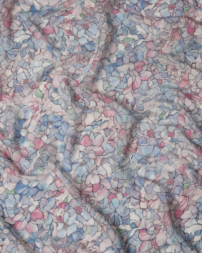 Pastel White Viscose Digital Printed Fabric with Floral Design, 110 cm Width-D21306