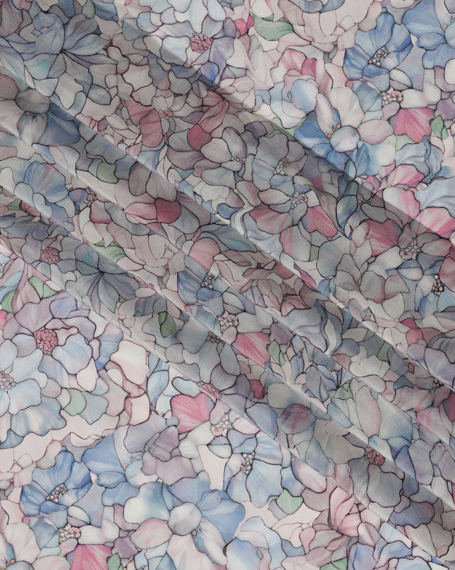 Pastel White Viscose Digital Printed Fabric with Floral Design, 110 cm Width-D21306