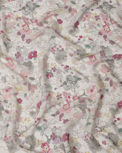 Ivory White Viscose Digital Printed Fabric with Soft Floral Design, 110 cm Width-D21307