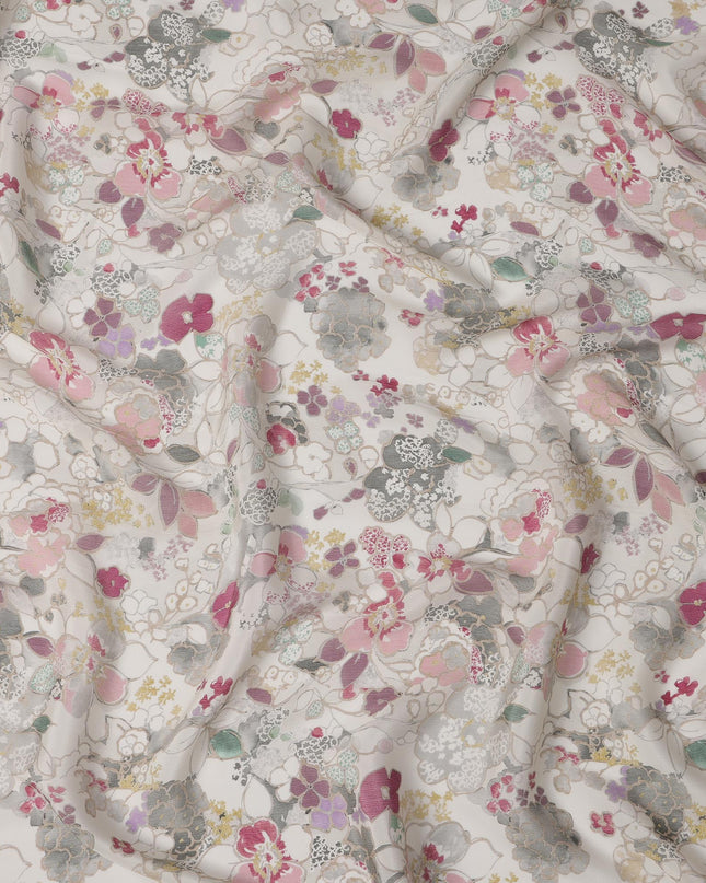 Ivory White Viscose Digital Printed Fabric with Soft Floral Design, 110 cm Width-D21307