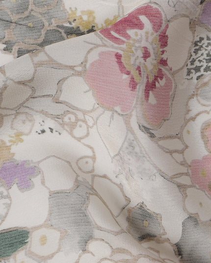 Ivory White Viscose Digital Printed Fabric with Soft Floral Design, 110 cm Width-D21307