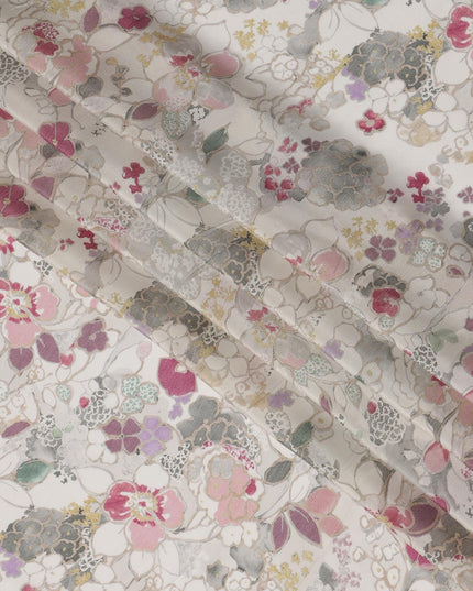 Ivory White Viscose Digital Printed Fabric with Soft Floral Design, 110 cm Width-D21307