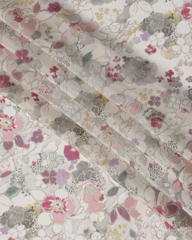 Ivory White Viscose Digital Printed Fabric with Soft Floral Design, 110 cm Width-D21307