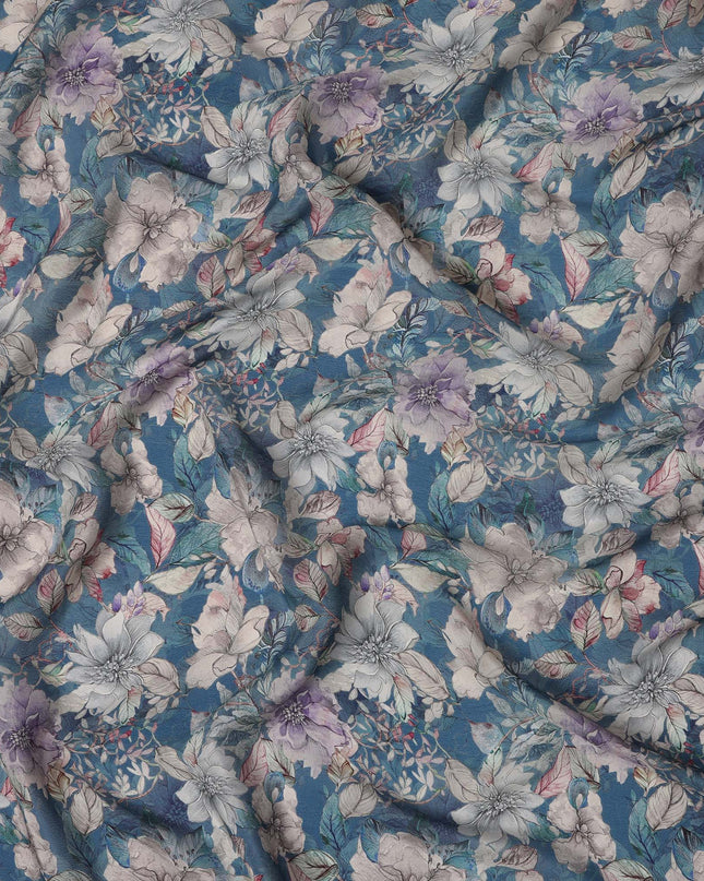 Deep Teal Viscose Digital Printed Fabric with Botanical Floral Design, 110 cm Width-D21308