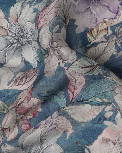 Deep Teal Viscose Digital Printed Fabric with Botanical Floral Design, 110 cm Width-D21308