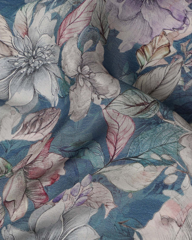 Deep Teal Viscose Digital Printed Fabric with Botanical Floral Design, 110 cm Width-D21308