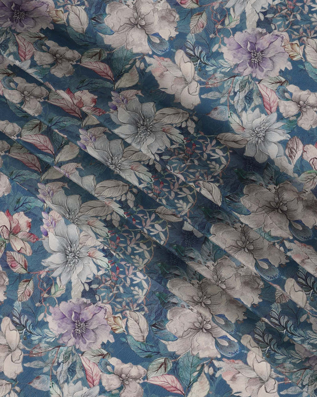 Deep Teal Viscose Digital Printed Fabric with Botanical Floral Design, 110 cm Width-D21308