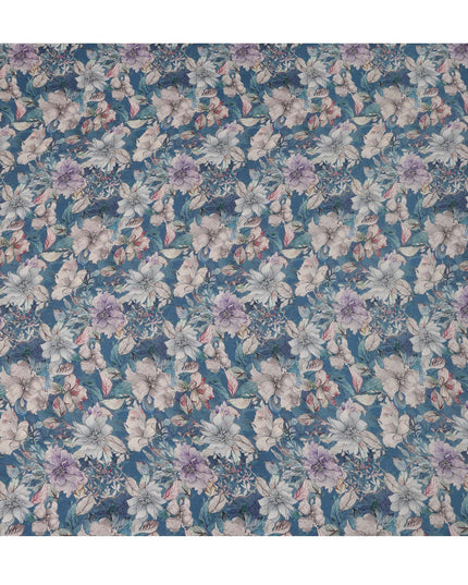 Deep Teal Viscose Digital Printed Fabric with Botanical Floral Design, 110 cm Width-D21308