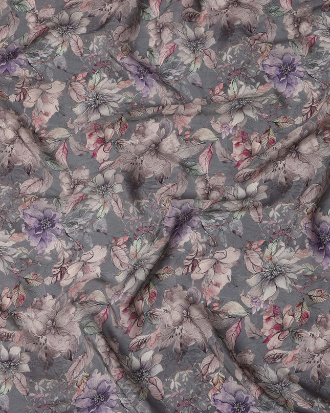 Charcoal Grey Viscose Digital Printed Fabric with Artistic Floral Design, 110 cm Width-D21309