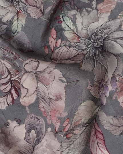 Charcoal Grey Viscose Digital Printed Fabric with Artistic Floral Design, 110 cm Width-D21309