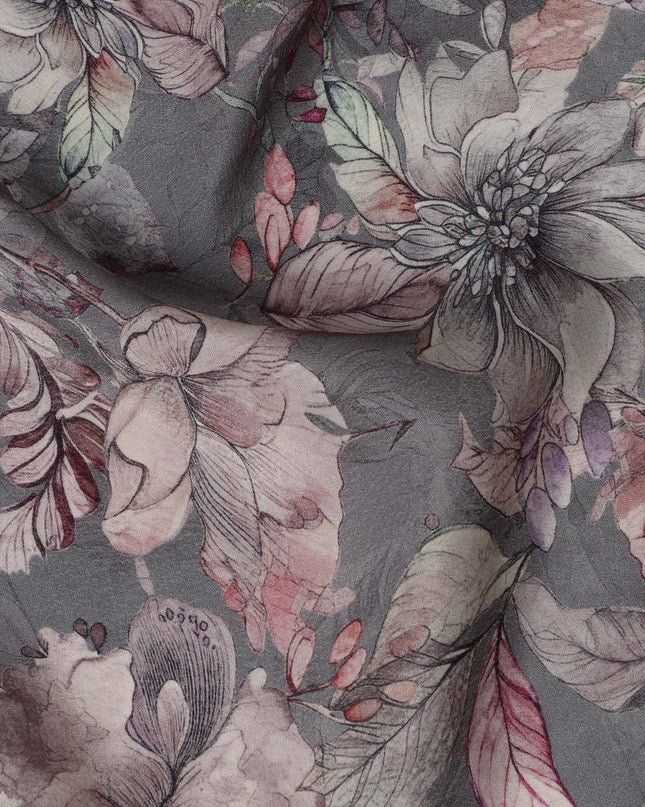 Charcoal Grey Viscose Digital Printed Fabric with Artistic Floral Design, 110 cm Width-D21309