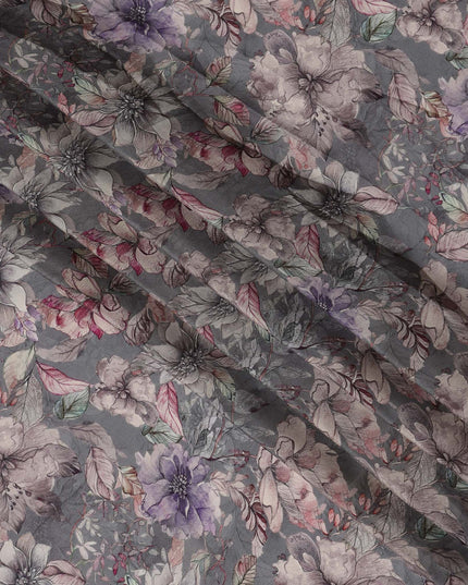 Charcoal Grey Viscose Digital Printed Fabric with Artistic Floral Design, 110 cm Width-D21309