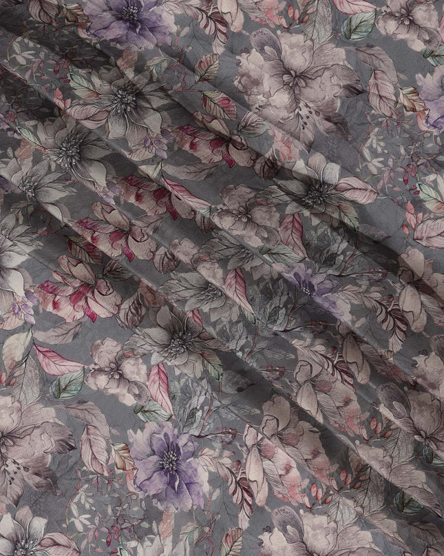 Charcoal Grey Viscose Digital Printed Fabric with Artistic Floral Design, 110 cm Width-D21309