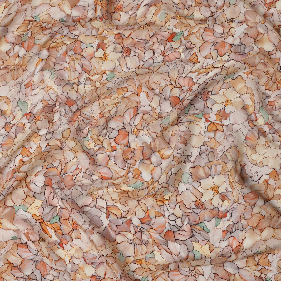 Peach Cream Viscose Digital Printed Fabric with Watercolor Floral Design, 110 cm Width-D21310