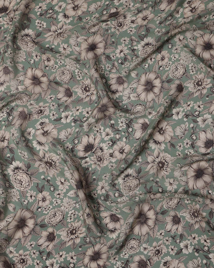 Sage Green Viscose Digital Printed Fabric with Vintage Floral Design, 110 cm Width-D21311