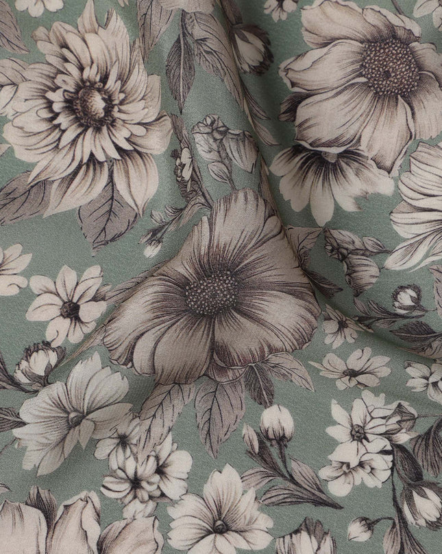 Sage Green Viscose Digital Printed Fabric with Vintage Floral Design, 110 cm Width-D21311