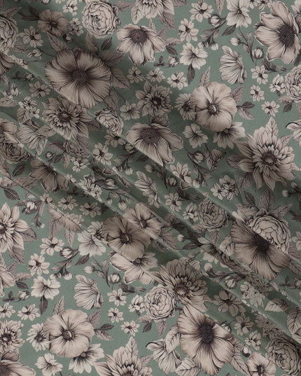 Sage Green Viscose Digital Printed Fabric with Vintage Floral Design, 110 cm Width-D21311