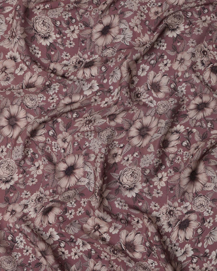 Dusty Rose Viscose Digital Printed Fabric with Vintage Floral Design, 110 cm Width-D21312