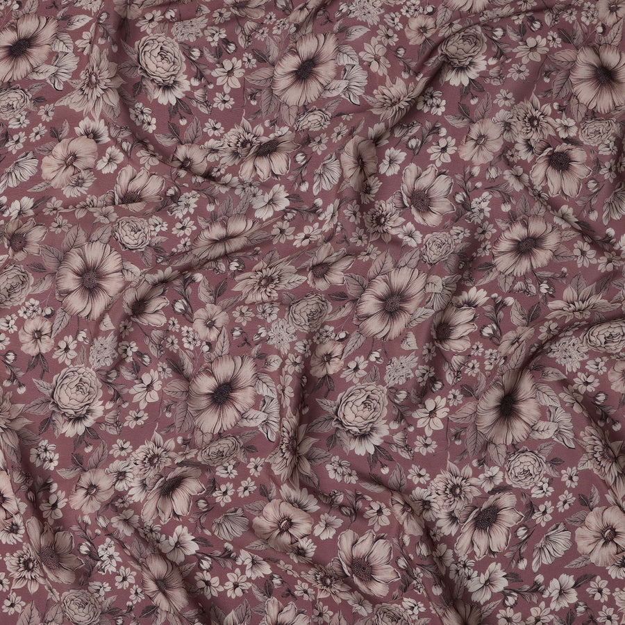 Dusty Rose Viscose Digital Printed Fabric with Vintage Floral Design, 110 cm Width-D21312