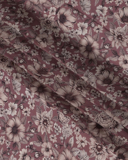 Dusty Rose Viscose Digital Printed Fabric with Vintage Floral Design, 110 cm Width-D21312