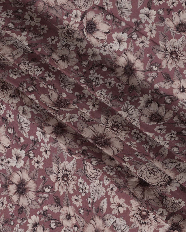 Dusty Rose Viscose Digital Printed Fabric with Vintage Floral Design, 110 cm Width-D21312