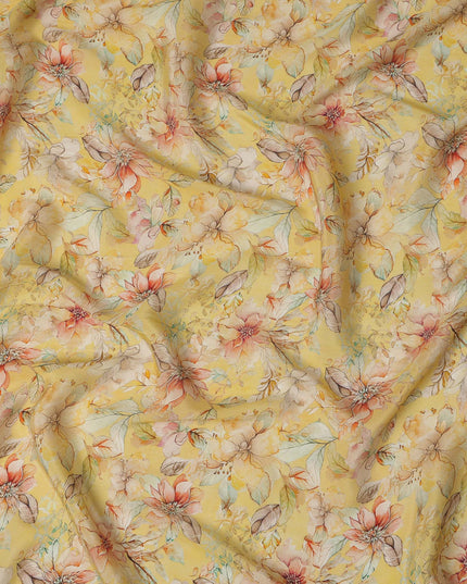 Lemon Yellow Viscose Digital Printed Fabric with Floral Design, 110 cm Width-D21314