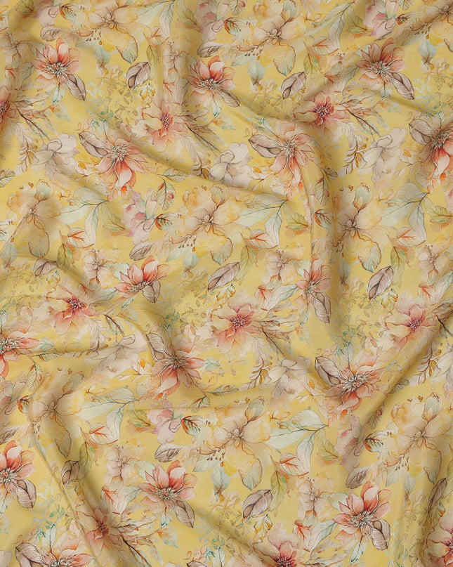 Lemon Yellow Viscose Digital Printed Fabric with Floral Design, 110 cm Width-D21314