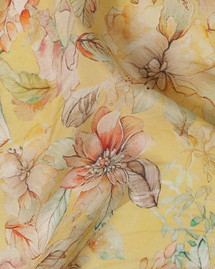 Lemon Yellow Viscose Digital Printed Fabric with Floral Design, 110 cm Width-D21314