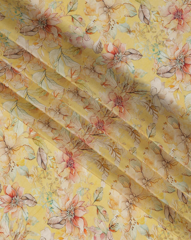 Lemon Yellow Viscose Digital Printed Fabric with Floral Design, 110 cm Width-D21314