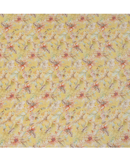 Lemon Yellow Viscose Digital Printed Fabric with Floral Design, 110 cm Width-D21314