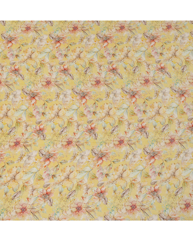 Lemon Yellow Viscose Digital Printed Fabric with Floral Design, 110 cm Width-D21314