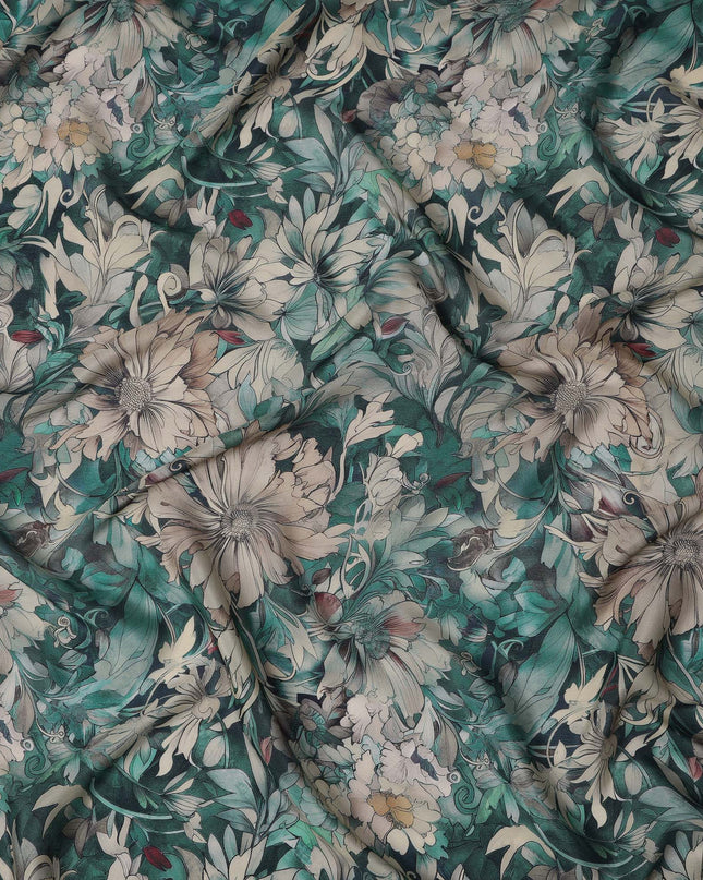 Emerald Green Viscose Digital Printed Fabric with Botanical Floral Design, 110 cm Width-D21315