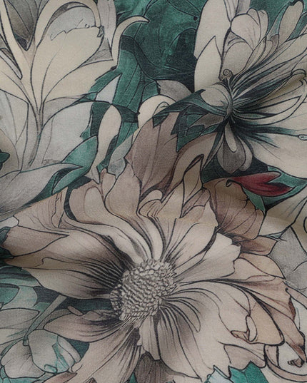 Emerald Green Viscose Digital Printed Fabric with Botanical Floral Design, 110 cm Width-D21315