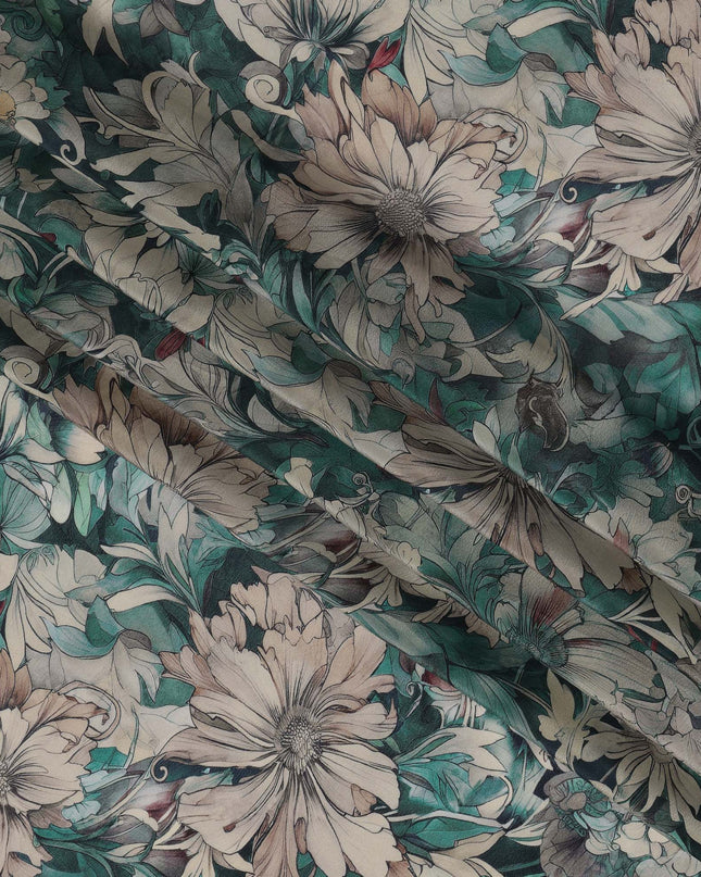 Emerald Green Viscose Digital Printed Fabric with Botanical Floral Design, 110 cm Width-D21315