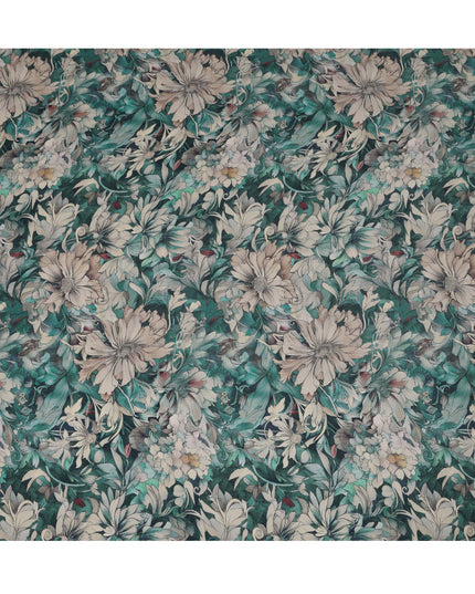 Emerald Green Viscose Digital Printed Fabric with Botanical Floral Design, 110 cm Width-D21315