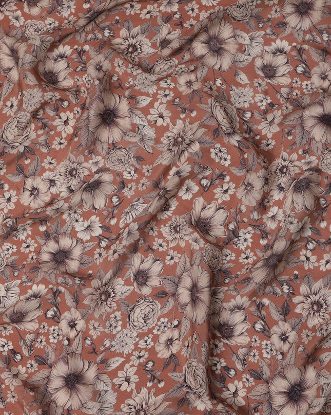 Terracotta Brown Viscose Digital Printed Fabric with Vintage Floral Design, 110 cm Width-D21317