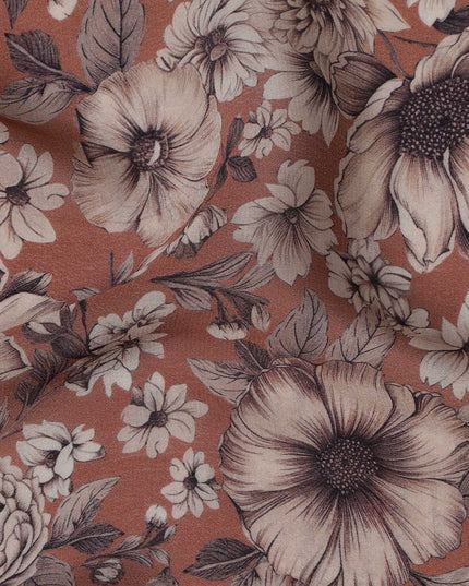 Terracotta Brown Viscose Digital Printed Fabric with Vintage Floral Design, 110 cm Width-D21317