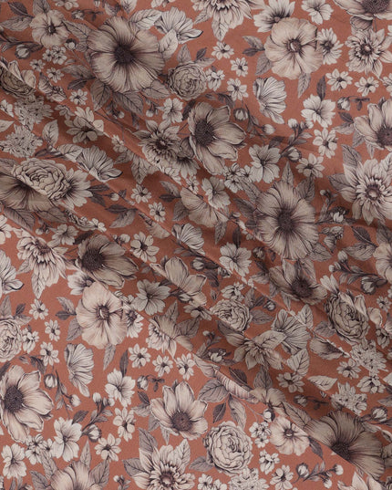 Terracotta Brown Viscose Digital Printed Fabric with Vintage Floral Design, 110 cm Width-D21317