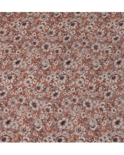 Terracotta Brown Viscose Digital Printed Fabric with Vintage Floral Design, 110 cm Width-D21317