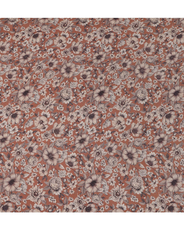 Terracotta Brown Viscose Digital Printed Fabric with Vintage Floral Design, 110 cm Width-D21317